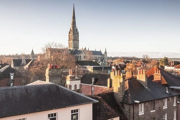 Salisbury cathedral across the rooftops of the city, Salisbury, Wiltshire, England