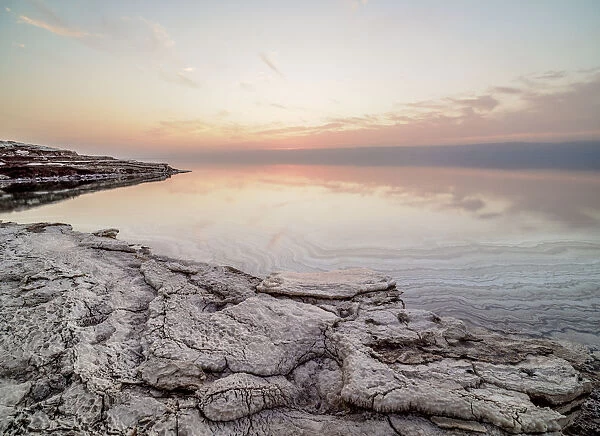 Salt formations on the shore of the Dead Sea at dusk, Karak Governorate, Jordan