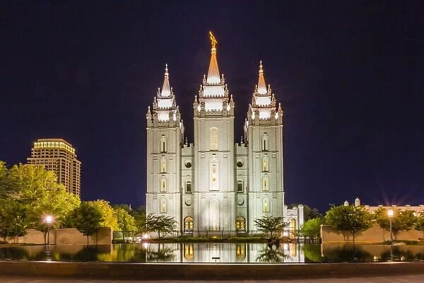 The Salt Lake Temple at night, operated by The Church of Jesus Christ of Latter-day Saints, Salt Lake City, Utah, United States of America, North America