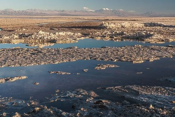 Salt residue piled up by Laguna Chaxa, Atacama Salt Flats, with snow-capped volcanoes