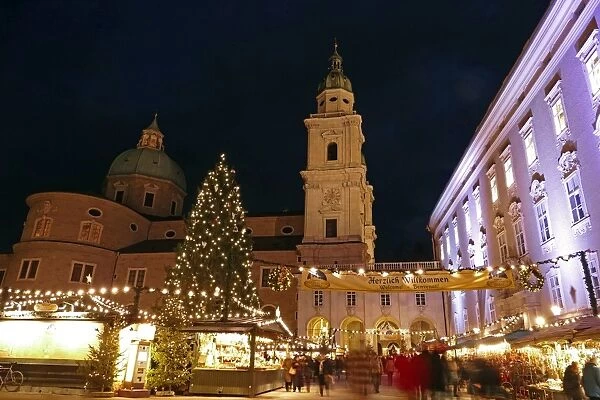 Salzburg Cathedral and Chrismas Market at Residenzplatz Square, Salzburg, Austria, Europe