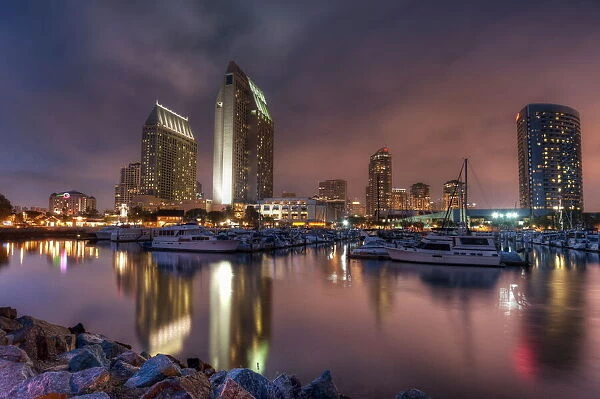 San Diego Marina and skyline at dusk, California, United States of America, North America