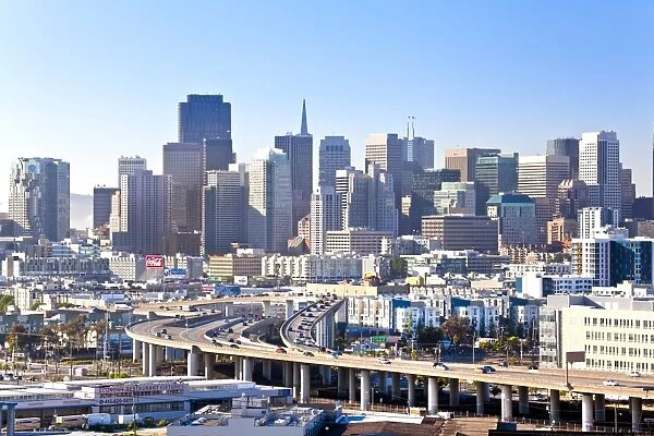 San Francisco skyline seen from Protero Hill neighborhood with traffic on the Highway, San Francisco, California, United States of America, North America