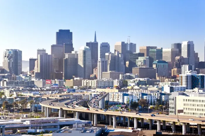 Framed Print : San Francisco skyline seen from Protero Hill neighborhood with traffic on the Highway, San Francisco, California, United States of America, North America Framed Print : San Francisco skyline seen from Protero Hill neighborhood with traffic on the Highway, San Francisco, California, United States of America, North America