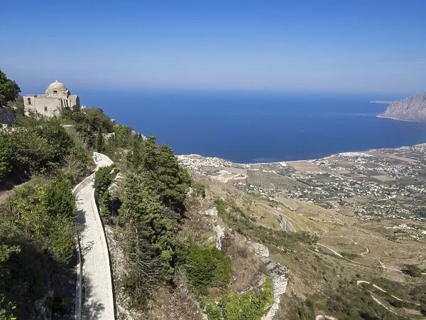 San Giovanni Church and view of coastline from Town Walls, Erice, Sicily, Italy, Mediterranean
