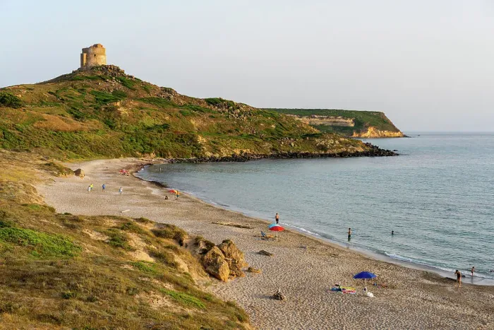 Framed Print : San Giovanni di Sinis beach with historic tower on San Marco Cape, Sardinia, Italy, Mediterranean, Europe Framed Print : San Giovanni di Sinis beach with historic tower on San Marco Cape, Sardinia, Italy, Mediterranean, Europe