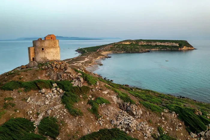 Framed Print : San Giovanni di Sinis historic tower, drone aerial view of San Marco Cape at sunset, Sardinia, Italy, Mediterranean, Europe Framed Print : San Giovanni di Sinis historic tower, drone aerial view of San Marco Cape at sunset, Sardinia, Italy, Mediterranean, Europe