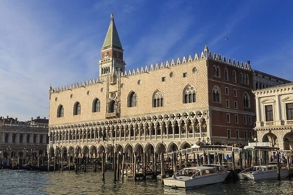 San Marco waterfront bathed in afternoon sun, Campanile and Doges Palace, Venice