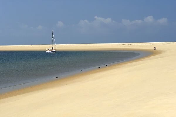 Sand bank, old sailing yacht anchored, Bay of Arcachon, Cote d Argent