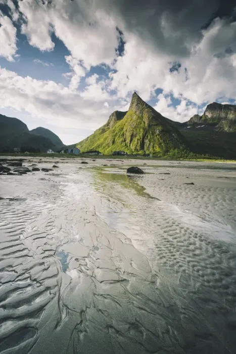 Framed Print : Empty sand beach with majestic Hatten mountain in the background, Ersfjord, Senja island Framed Print : Empty sand beach with majestic Hatten mountain in the background, Ersfjord, Senja island