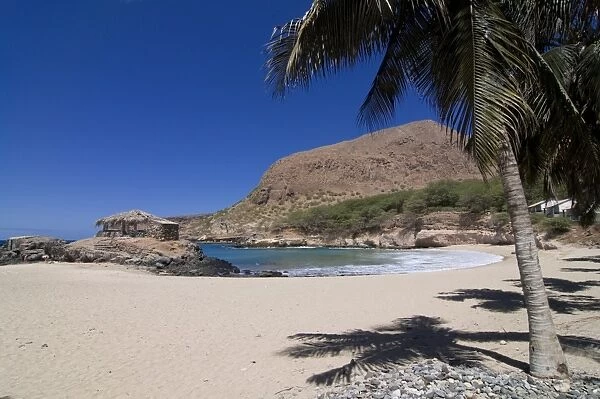 Sand beach with palms and rocks, Tarrafal, Santiago, Cape Verde Islands, Atlantic, Africa