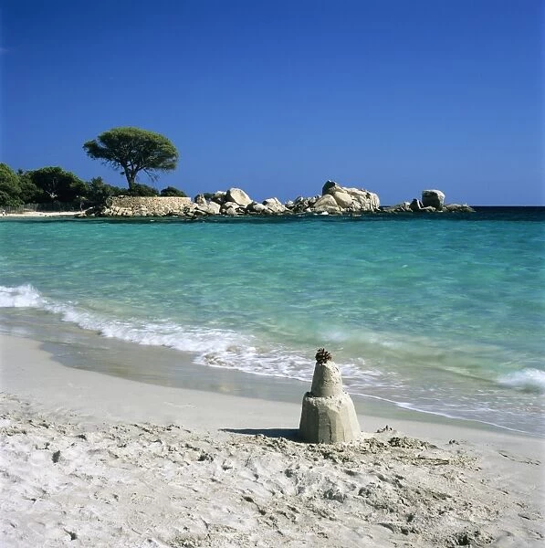 Sand castle, Palombaggia Beach, near Porto Vecchio, South East Corsica, Corsica, France, Mediterranean, Europe