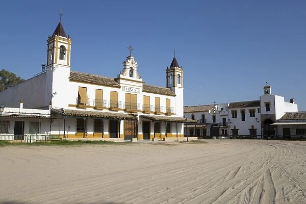 Sand streets and brotherhood houses, El Rocio, Huelva Province, Andalucia, Spain, Europe