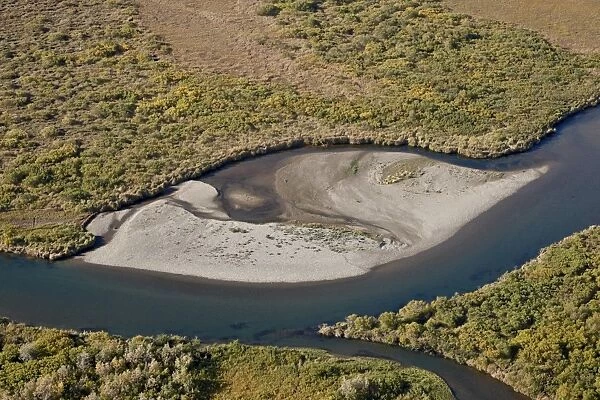 Sandbar in a river among tundra in the fall, Katmai Peninsula, Alaska, United States of America