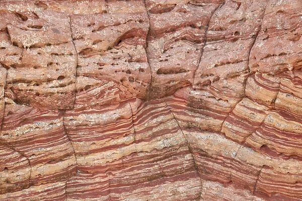 Sandstone wall with red and salmon layers and cracks, Vermillion Cliffs National Monument, Arizona, United States of America, North America