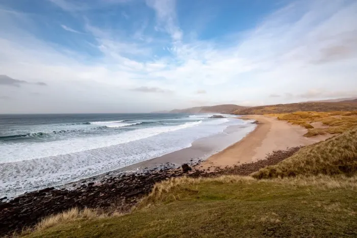 Framed Print : Sandwood Bay, with Cape Wrath in far distance, Sutherland, Scotland, United Kingdom