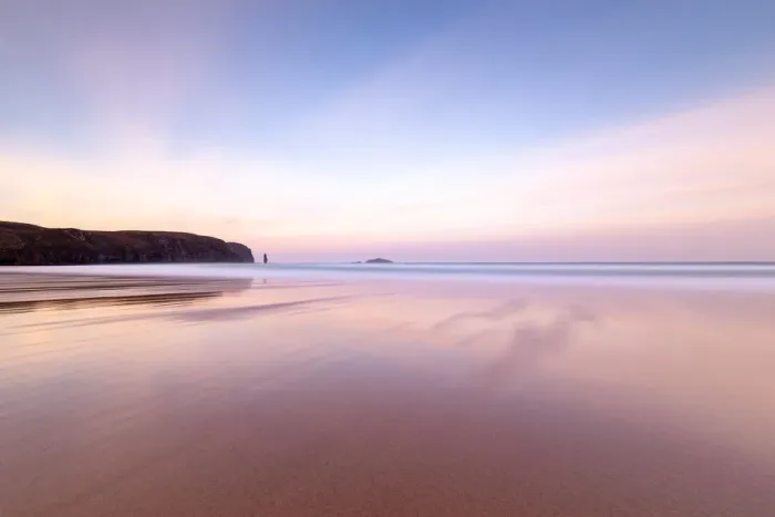 Framed Print : Sandwood Bay at sunrise, with Am Buachaille sea stack in far distance, Sutherland Framed Print : Sandwood Bay at sunrise, with Am Buachaille sea stack in far distance, Sutherland