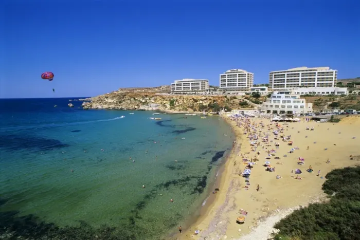 Framed Print : Sandy beach with Radisson SAS Hotel, Golden Bay, Malta, Mediterranean, Europe Framed Print : Sandy beach with Radisson SAS Hotel, Golden Bay, Malta, Mediterranean, Europe