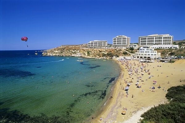 Sandy beach with Radisson SAS Hotel, Golden Bay, Malta, Mediterranean, Europe