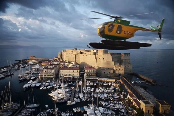 Santa Lucia and Coast Guard helicopter at dawn, Naples, Campania, Italy, Europe