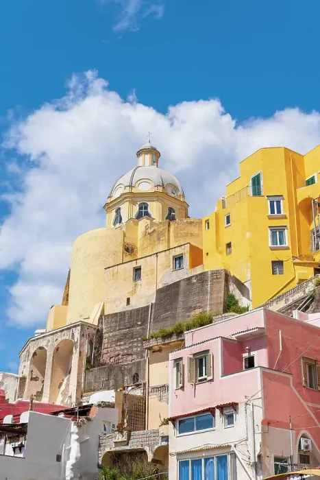 Framed Print : Santa Maria delle Grazie church among colourful houses in the fishing village of Marina Corricella, Procida island, Naples Bay, Phlegraean Islands, Naples province, Campania, Italy, Europe Framed Print : Santa Maria delle Grazie church among colourful houses in the fishing village of Marina Corricella, Procida island, Naples Bay, Phlegraean Islands, Naples province, Campania, Italy, Europe