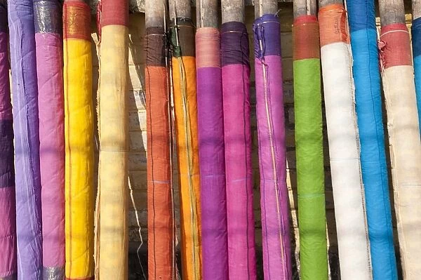 Sari lengths of brightly coloured cotton, hand woven on village looms, Kalna, West Bengal, India, Asia