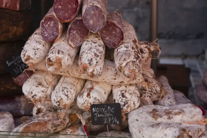 Framed Print : Saucisson on sale at a market in Tours, Indre-et-Loire, Loire Valley, France, Europe