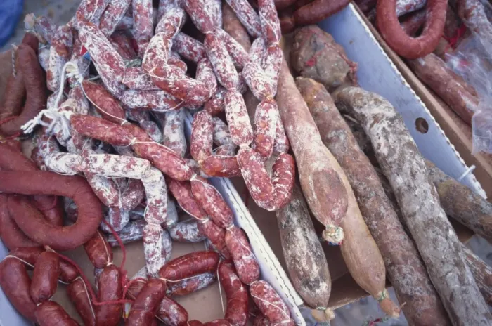Framed Print : Sausages in the market, Extramadura, Spain, Europe Framed Print : Sausages in the market, Extramadura, Spain, Europe