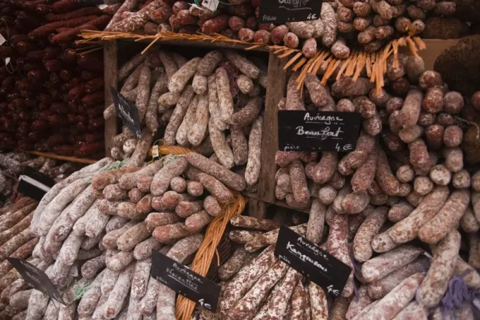 Framed Print : Sausages and saucisson on sale at market in Tours, Indre-et-Loire, Centre, France, Europe Framed Print : Sausages and saucisson on sale at market in Tours, Indre-et-Loire, Centre, France, Europe