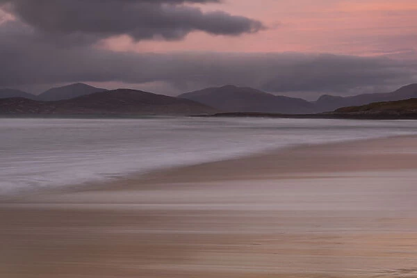 Scarista Beach backed by the Harris Hills at sunset, Isle of Harris, Outer Hebrides