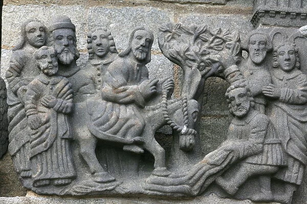 A scene from the Life of Jesus on the Guimiliau calvary, Guimiliau, Finistere, Brittany