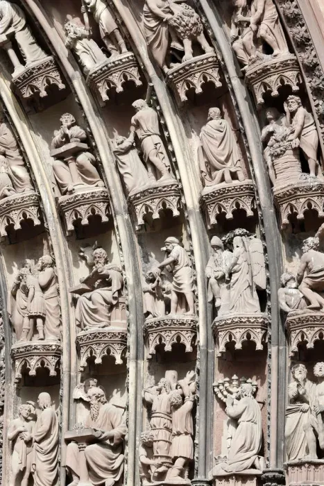 Framed Print : Scenes from the Old and New Testaments on the arches of the western front of Our Lady of Framed Print : Scenes from the Old and New Testaments on the arches of the western front of Our Lady of