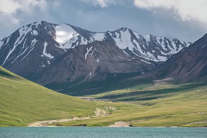 Framed Print : Scenic mountain landscape with lush greenery and snow-capped peaks above Kol Ukok Lake, Kyrgyzstan, Central Asia, Asia Framed Print : Scenic mountain landscape with lush greenery and snow-capped peaks above Kol Ukok Lake, Kyrgyzstan, Central Asia, Asia