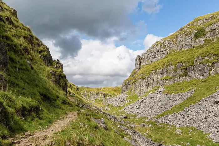 Framed Print : Scenic view of a mountain path with lush greenery under a cloudy sky at Malham Cove, Yorkshire, England, United Kingdom, Europe Framed Print : Scenic view of a mountain path with lush greenery under a cloudy sky at Malham Cove, Yorkshire, England, United Kingdom, Europe