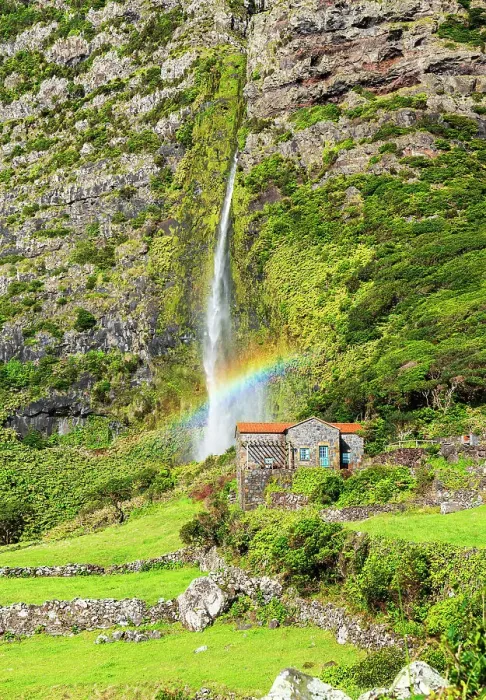Framed Print : Scenic view of the waterfall of Poco do Bacalhau falling behiend a house with rainbow, Faja Grande, Lajes das Flores, Flores Island (Ilha das Flores), Azores archipelago, Portugal, Atlantic, Europe Framed Print : Scenic view of the waterfall of Poco do Bacalhau falling behiend a house with rainbow, Faja Grande, Lajes das Flores, Flores Island (Ilha das Flores), Azores archipelago, Portugal, Atlantic, Europe
