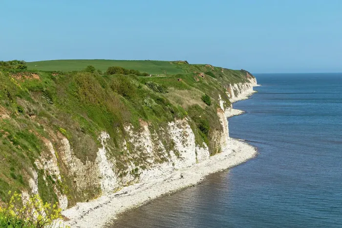 Framed Print : Scenic view of white chalk cliffs with lush greenery, beside a calm blue sea under a clear sky, Flamborough, Yorkshire, England, United Kingdom, Europe