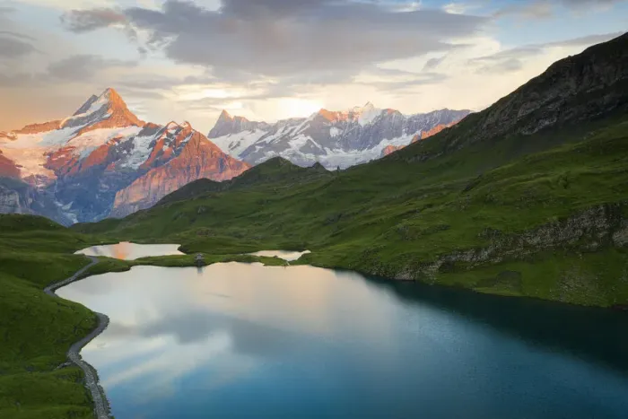 Framed Print : Schreckhorn and Finsteraarhorn peaks reflected in Bachalpsee lake at sunset, Grindelwald Framed Print : Schreckhorn and Finsteraarhorn peaks reflected in Bachalpsee lake at sunset, Grindelwald