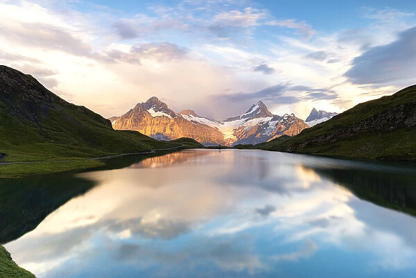 Schreckhorn mountain and Bachalpsee lake at sunset, Grindelwald, Bernese Oberland