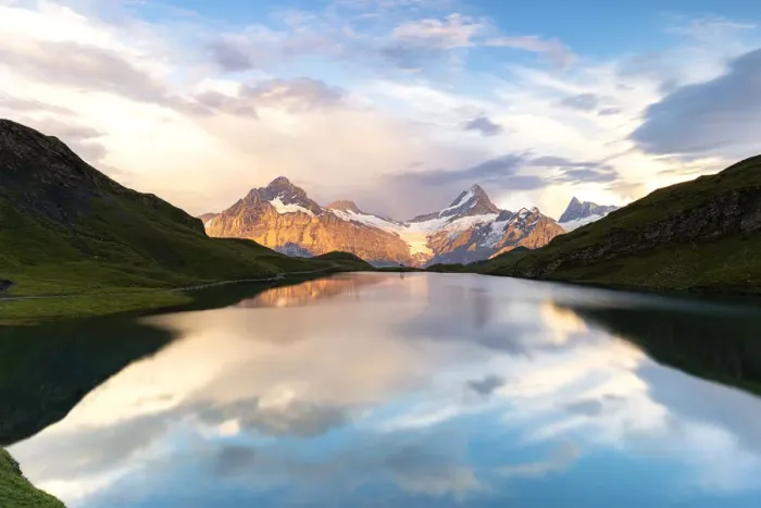 Framed Print : Schreckhorn mountain and Bachalpsee lake at sunset, Grindelwald, Bernese Oberland