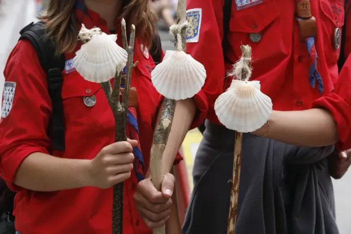 Framed Print : Scouts with Santiago pilgrimage scallop shells, Lourdes, Hautes Pyrenees, France, Europe