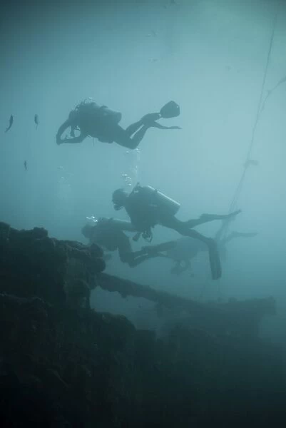 Scuba divers wreck diving, Southern Thailand, Andaman Sea, Indian Ocean, Southeast Asia, Asia