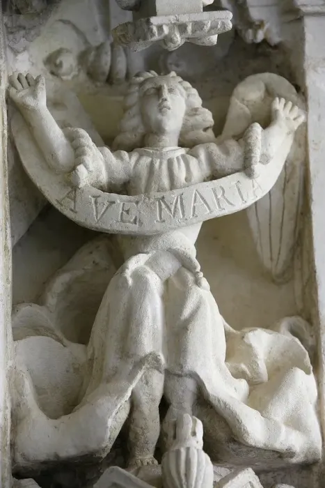 Framed Print : Sculpture in cloister, Fontevraud Abbey, Fontevraud, Maine-et-Loire, France, Europe