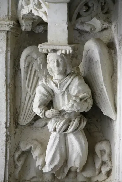 Framed Print : Sculpture in cloister, Fontevraud Abbey, Fontevraud, Maine-et-Loire, France, Europe