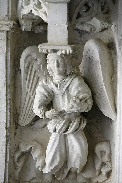 Sculpture in cloister, Fontevraud Abbey, Fontevraud, Maine-et-Loire, France, Europe