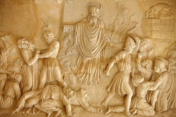 Sculpture depicting Elias fighting the priests of Baal at El Muhraqa, Israel, Middle East