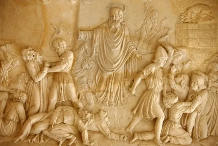 Framed Print : Sculpture depicting Elias fighting the priests of Baal at El Muhraqa, Israel, Middle East