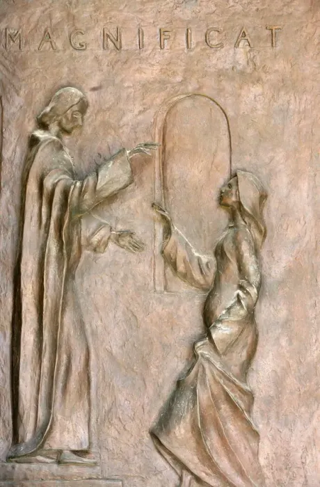 Framed Print : Sculpture depicting the Visitation with Mary and Elizabeth on the door of Framed Print : Sculpture depicting the Visitation with Mary and Elizabeth on the door of