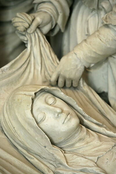 Detail of sculpture of Marys entombment, Saint-Pierre de Solesmes Abbey church