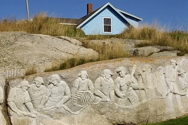 Sculpture of residents carved onto rock by W. de Garthe, at Peggys Cove