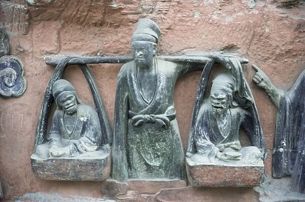 Sculpture showing son shouldering his parents in old age, Dazu Rock Carvings